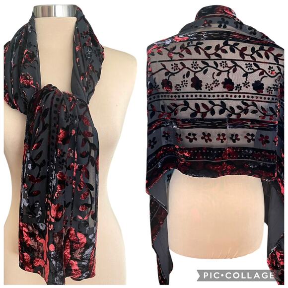 Chico's Black Burgandy Floral Velvet Burnout Scarf  20" X 60" Rectangle Romantic - Picture 1 of 6